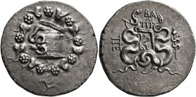 MYSIA. Pergamon. Circa 166-67 BC. Cistophorus (Silver, 27 mm, 12.08 g, 1 h), circa 85-75. Cista mystica from which snake coils; around, ivy wreath wit...
