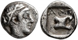 TROAS. Antandros. Late 5th century BC. Tetartemorion (Silver, 6 mm, 0.31 g, 10 h). Head of Artemis Astyrene to right, hair bound with fillet. Rev. ANT...