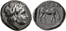 TROAS. Neandria. 4th century BC. Hemidrachm (Silver, 12 mm, 1.81 g, 12 h). Laureate head of Apollo to right. Rev. NEAN Horse grazing right. BMC 1. SNG...