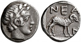 TROAS. Neandria. 4th century BC. Obol (Silver, 9 mm, 0.63 g, 3 h). Laureate head of Apollo to right. Rev. NEAN Ram standing right. SNG Copenhagen 446....
