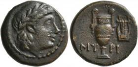 AEOLIS. Myrina. 2nd-1st century BC. Dichalkon (Bronze, 16 mm, 3.36 g, 11 h). Laureate head of Apollo to right. Rev. MY-PI Amphora; to right, lyre. SNG...
