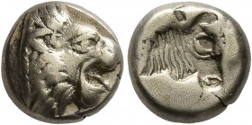 LESBOS. Mytilene. Circa 521-478 BC. Hekte (Electrum, 9 mm, 2.54 g, 2 h). Head of a roaring lion to right. Rev. Incuse head of a calf to right. Bodenst...