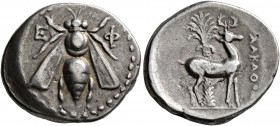 IONIA. Ephesos. Circa 202-150 BC. Drachm (Silver, 19 mm, 4.14 g, 2 h), Alkathos, magistrate. E-Φ Bee. Rev. AΛKAΘOΣ Stag standing right; palm tree in b...