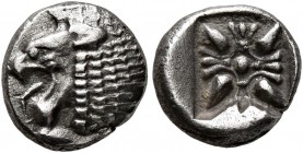 IONIA. Miletos. late 6th-early 5th century BC. Diobol (Silver, 9 mm, 1.06 g). Forepart of lion to right, head turned back to left. Rev. Star-shaped fl...
