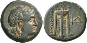 IONIA. Smyrna. Circa 301-290 BC. Dichalkon (Bronze, 16 mm, 4.01 g, 4 h). Laureate head of Apollo to right. Rev. ΣMYPNAIΩΝ Tripod; to right, monogram. ...