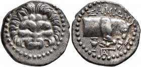 ISLANDS OFF IONIA, Samos. Circa 210-185 BC. Tetrobol (Silver, 16 mm, 2.72 g, 12 h). Facing scalp of a lion. Rev. ΣΑΜΙΩΝ Forepart of a bull butting rig...