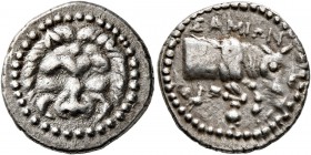 ISLANDS OFF IONIA, Samos. Circa 210-185 BC. Tetrobol (Silver, 16 mm, 2.73 g, 12 h). Facing scalp of a lion. Rev. ΣΑΜΙΩΝ Forepart of a bull butting rig...