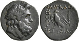 LYDIA. Blaundos. 2nd-1st century BC. Tetrachalkon (Bronze, 20 mm, 5.78 g, 12 h), Theotimidos, magistrate. Laureate head of Zeus to right. Rev. BΛAYNΔΕ...