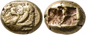 KINGS OF LYDIA. Alyattes II, circa 610-560 BC. Hekte (Electrum, 10 mm, 2.30 g), “branch” mint. Confronted lion heads (only the left-facing clearly vis...