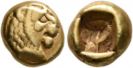 KINGS OF LYDIA. Alyattes II to Kroisos, circa 610-546 BC. Hemihekte – 1/12 Stater (Electrum, 7 mm, 1.15 g), Sardes. Head of a lion with sun and rays o...