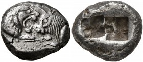 KINGS OF LYDIA. Kroisos, circa 560-546 BC. Siglos (Silver, 15 mm, 5.25 g), Sardes. Confronted foreparts of lion and bull. Rev. Two incuse squares, one...