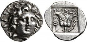 ISLANDS OFF CARIA, Rhodos. Rhodes. Circa 125-88 BC. Hemidrachm (Silver, 12 mm, 1.20 g, 12 h), ‘Plinthophoric’ coinage, Antaios, magistrate. Radiate he...
