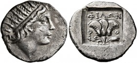 ISLANDS OFF CARIA, Rhodos. Rhodes. Circa 88-84 BC. Drachm (Silver, 16 mm, 2.12 g, 12 h), ‘Plinthophoric’ coinage, Philon, magistrate. Radiate head of ...