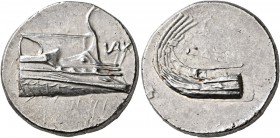 LYCIA. Phaselis. 4th century BC. Stater (Silver, 24 mm, 10.44 g, 3 h). Prow of galley to right; to right, monogram of IAPK. Rev. [ΦAΣH] Stern of galle...