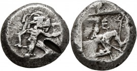 PAMPHYLIA. Aspendos. Circa 465-430 BC. Stater (Silver, 19 mm, 10.60 g). Warrior advancing to right, holding shield with his left hand and sword in his...