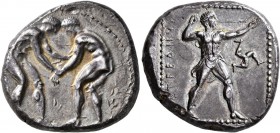 PAMPHYLIA. Aspendos. Circa 380/75-330/25 BC. Stater (Silver, 23 mm, 10.93 g, 6 h). Two nude wrestlers, standing and grappling with each other. Rev. EΣ...