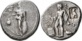 PAMPHYLIA. Side. Circa 400-380 BC. Stater (Silver, 23 mm, 10.46 g, 9 h). Athena standing left, holding owl in her right hand and shield with her left;...
