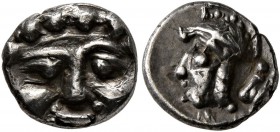 PISIDIA. Selge. Circa 350-300 BC. Obol (Silver, 10 mm, 0.97 g, 12 h). Facing gorgoneion with protruding tongue. Rev. Head of Athena to left, wearing c...