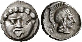 PISIDIA. Selge. Circa 350-300 BC. Obol (Silver, 11 mm, 1.01 g, 8 h). Facing gorgoneion with protruding tongue. Rev. Head of Athena to right, wearing c...