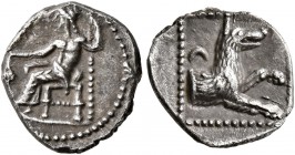 LYCAONIA. Laranda. Circa 324/3 BC. Obol (Silver, 10 mm, 0.65 g, 9 h). Baaltars seated left, holding grain ear and grape bunch in his right hand and sc...