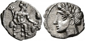 CILICIA. Mallos. Circa 385-375 BC. Obol (Silver, 10 mm, 0.58 g, 12 h). Baaltars seated right, holding grain ear and grapes in his left hand and scepte...