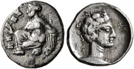 CILICIA. Tarsos. Tiribazos , satrap of Lydia, 388-380 BC. Obol (Silver, 10 mm, 0.50 g, 3 h). Female kneeling left, casting astragaloi. Rev. Head of yo...