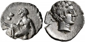 CILICIA. Tarsos. Tiribazos , satrap of Lydia, 388-380 BC. Obol (Silver, 10 mm, 0.30 g, 9 h). Female kneeling left, casting astragaloi. Rev. Head of yo...