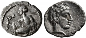CILICIA. Tarsos. Tiribazos , satrap of Lydia, 388-380 BC. Obol (Silver, 10 mm, 0.42 g, 6 h). Female kneeling left, casting astragaloi. Rev. Head of yo...