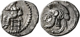 CILICIA. Tarsos. Pharnabazos , Persian military commander, 380-374/3 BC. Obol (Silver, 11 mm, 0.81 g, 6 h). Baaltars seated left, holding lotus-tipped...