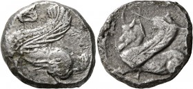 CILICIA. Uncertain. Late 5th to early 4th century BC. Stater (Silver, 22 mm, 10.59 g, 7 h). Griffin seated left. Rev. Man-headed bull, horned and with...