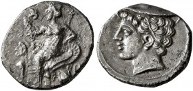 CILICIA. Uncertain. 4th century BC. Obol (Silver, 11 mm, 0.80 g, 12 h). Aphrodite seated left on throne decorated with two sphinges, holding lotus flo...