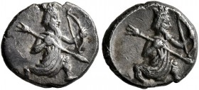 CILICIA. Uncertain. 4th century BC. Obol (Silver, 10 mm, 0.79 g, 6 h). The Persian Great King in kneeling-running stance right, holding spear in his r...