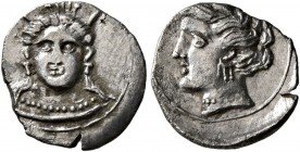 CILICIA. Uncertain. 4th century BC. Obol (Silver, 11 mm, 0.57 g, 1 h). Female head facing, wearing high sphendone ornamented with palmette. Rev. Head ...