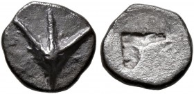 ASIA MINOR. Uncertain. Circa 550-500 BC. Hemiobol (?) (Silver, 8 mm, 0.44 g). Uncertain three-legged symbol. Rev. Rough incuse square. Apparently unpu...