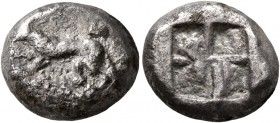 ASIA MINOR. Uncertain. 5th century BC. Drachm (Silver, 13 mm, 4.26 g). Wolf standing left on base decorated with pearls, eating bunch of grapes held i...
