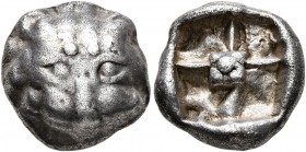 ASIA MINOR. Uncertain. 5th century BC. Drachm (Silver, 13 mm, 3.94 g). Facing head of a lion. Rev. Rough quadripartite incuse square with raised centr...