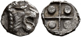 ASIA MINOR. Uncertain. 5th century BC. Tetartemorion (Silver, 6 mm, 0.15 g). Head of a roaring lion to right. Rev. Quadripartite incuse square with a ...