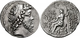 SELEUKID KINGS OF SYRIA. Demetrios II Nikator, second reign, 129-126/5 BC. Tetradrachm (Silver, 30 mm, 15.83 g, 12 h), Damaskos, SE 186 = 127/6 BC. Di...