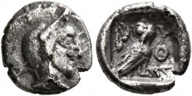 PHILISTIA (PALESTINE). Uncertain mint. Mid 5th century-333 BC. Obol (Silver, 8 mm, 0.48 g, 4 h). Helmeted head of Athena to right. Rev. AΘE Owl standi...
