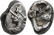 PERSIA, Achaemenid Empire. Time of Darios I to Xerxes II , circa 485-420 BC. Siglos (Silver, 17 mm, 5.48 g), Sardes. Persian king or hero in kneeling/...