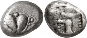 KYRENAICA. Kyrene. Circa 500-480 BC. Drachm (Silver, 13 mm, 4.39 g), Attic standard. Silphium fruit. Rev. Winged female figure standing facing, head t...