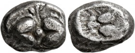 KYRENAICA. Kyrene. Circa 500-480 BC. Drachm (Silver, 11 mm, 3.10 g), 'Asiatic' standard. Two silphium fruits back to back. Rev. Facing lion mask withi...