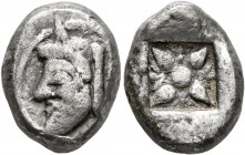 KYRENAICA. Kyrene. Circa 500-480 BC. Drachm (Silver, 14 mm, 4.08 g), Attic standard. Head of a river-god, as a man-headed bull, to left. Rev. Floral p...