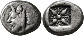 KYRENAICA. Kyrene. Circa 500-480 BC. Drachm (Silver, 14 mm, 4.05 g), Attic standard. Head of a river-god, as a man-headed bull, to left; behind, silph...