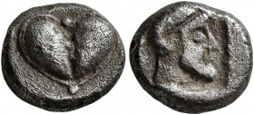 KYRENAICA. Kyrene. Circa 500-480 BC. Hemidrachm (Silver, 10 mm, 1.91 g), Attic standard. Silphium fruit. Rev. Head of Zeus-Ammon to right, bearded, wi...