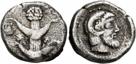 KYRENAICA. Kyrene. Circa 480-435 BC. Drachm (Silver, 14 mm, 3.09 g, 11 h), 'Asiatic' standard. Silphium plant with fruits. Rev. Head of Zeus-Ammon to ...