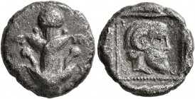 KYRENAICA. Kyrene. Circa 480-435 BC. Drachm (Silver, 14 mm, 2.78 g, 9 h), 'Asiatic' standard. Silphium plant with fruits. Rev. Head of Zeus-Ammon to r...