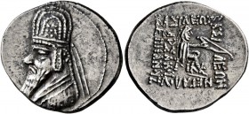 KINGS OF PARTHIA. Mithradates II, 121-91 BC. Drachm (Silver, 20 mm, 4.08 g, 12 h), Ekbatana. Bust of Mithridates II to left, wearing tiara with three ...