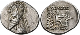 KINGS OF PARTHIA. Sinatrukes, 93/2-70/69 BC. Drachm (Silver, 19 mm, 4.03 g, 1 h), Rhagai. Diademed and draped bust of Sinatrukes to left, wearing tiar...