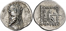 KINGS OF PARTHIA. Sinatrukes, 93/2-70/69 BC. Drachm (Silver, 21 mm, 4.14 g, 11 h), Rhagai. Diademed and draped bust of Sinatrukes to left, wearing tia...